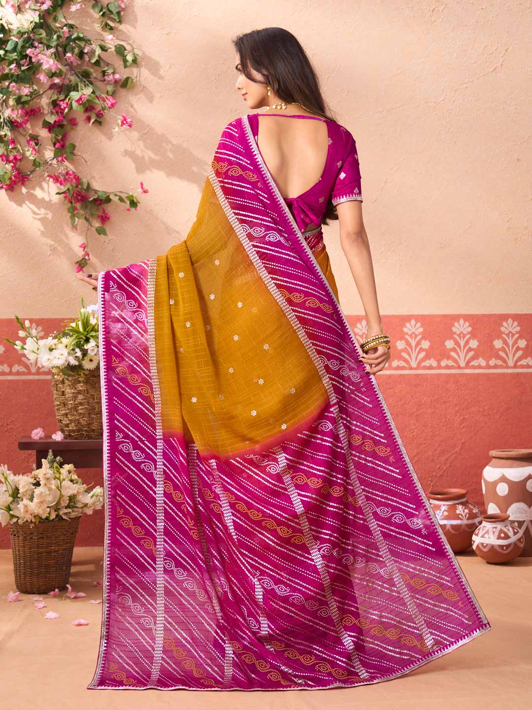 Mustard printed silk blend saree party wear