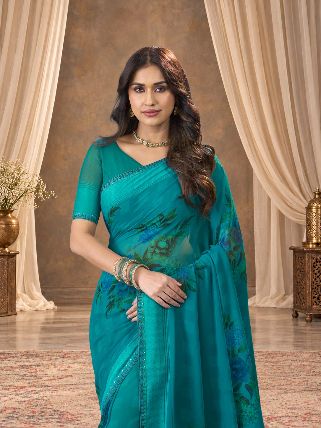 Blue printed georgette saree wedding wear