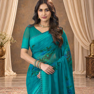 Blue printed georgette saree wedding wear
