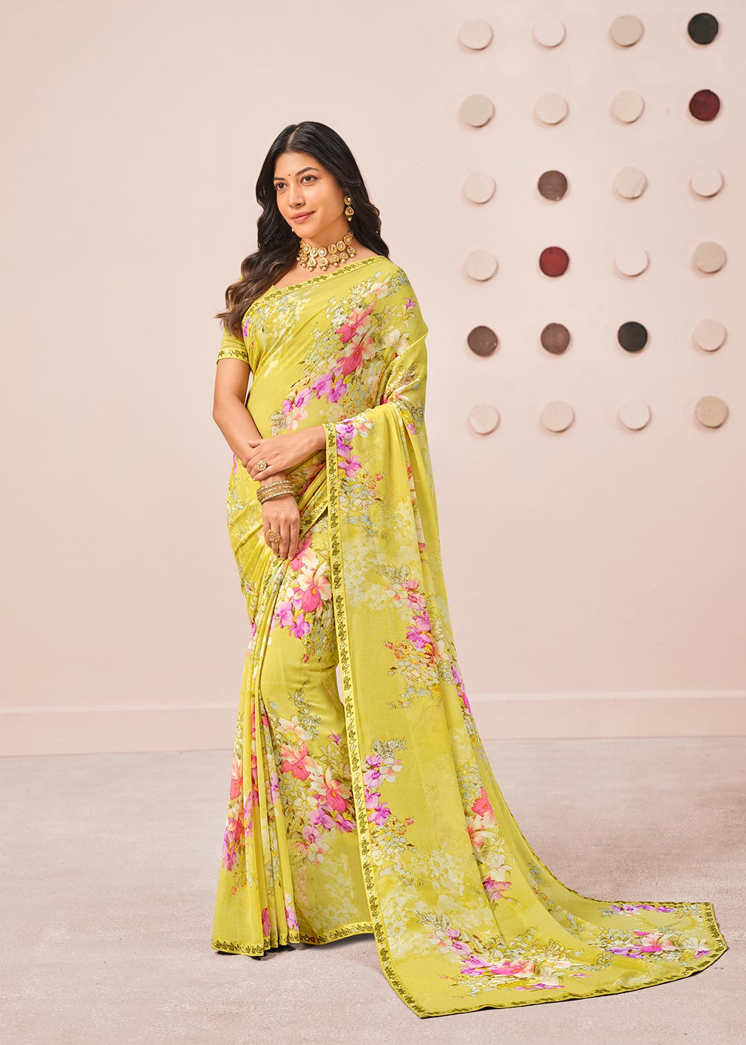 Yellow floral printed georgette saree party wear