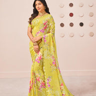 Yellow floral printed georgette saree party wear