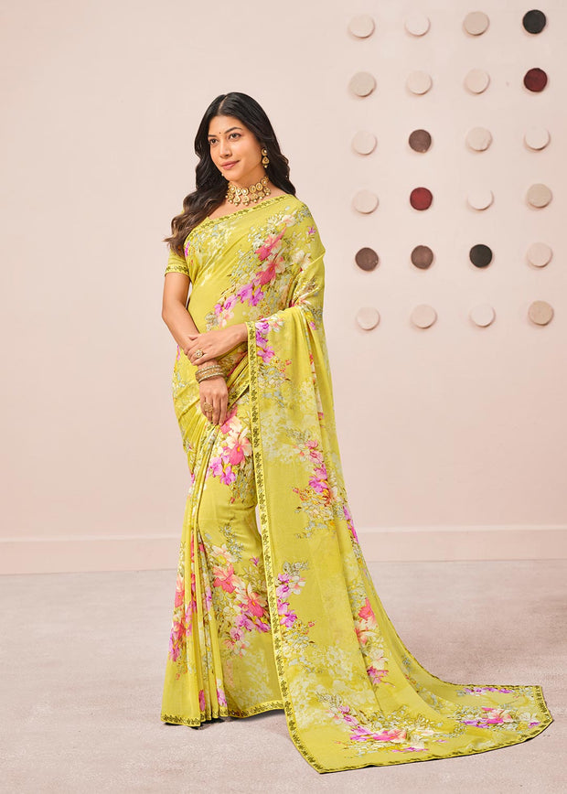 Yellow floral printed georgette saree party wear