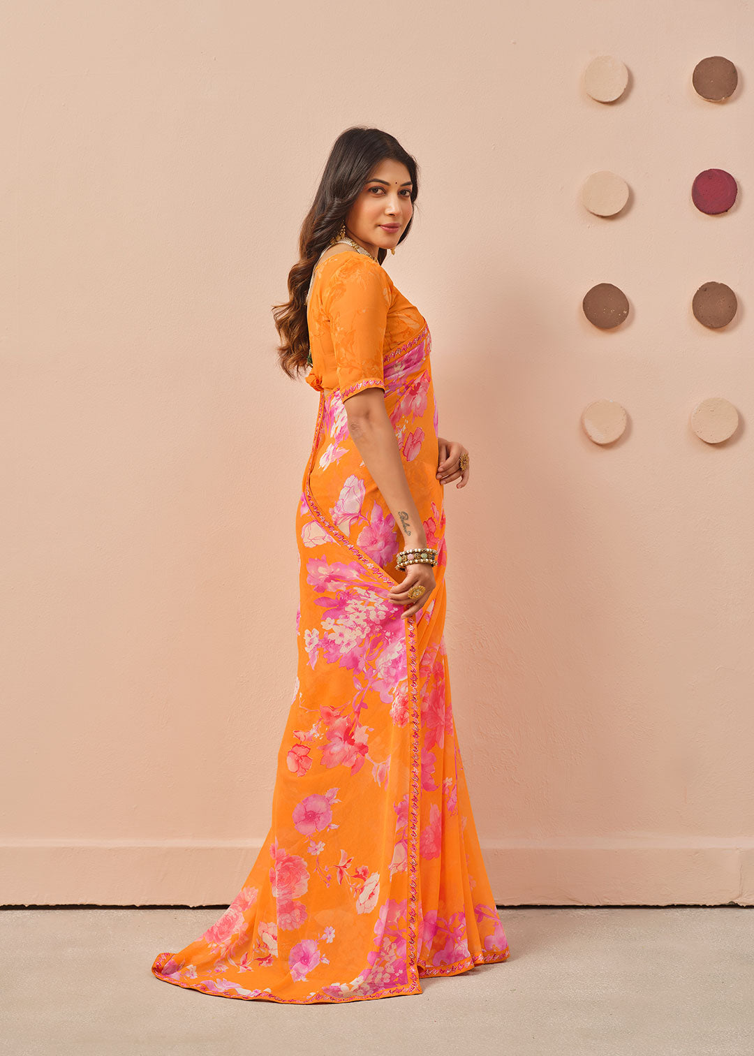 Orange floral printed georgette saree daily wear