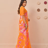 Orange floral printed georgette saree daily wear