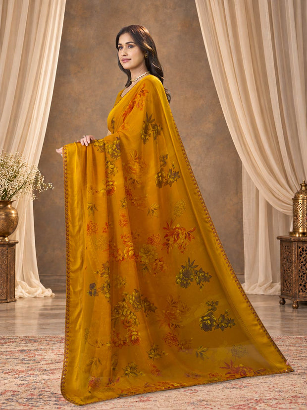 Mustard floral printed georgette saree festive wear