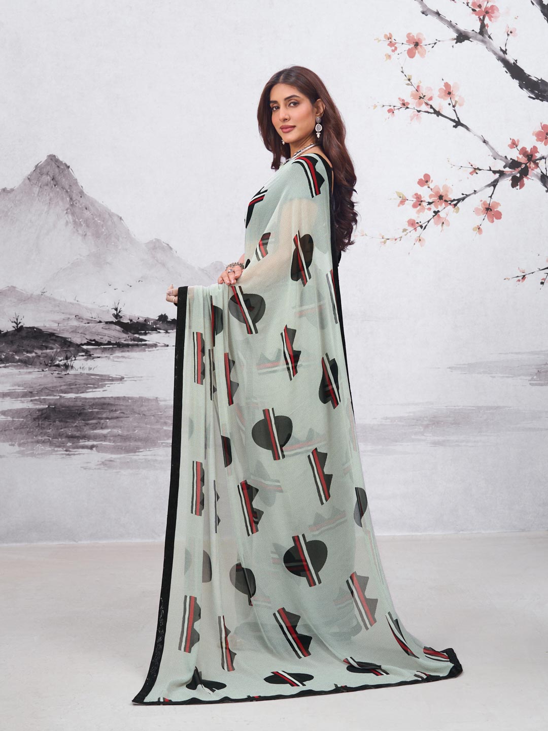 Grey geometric printed georgette saree casual wear