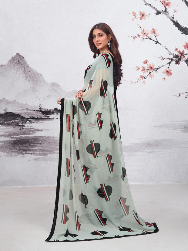 Grey geometric printed georgette saree casual wear
