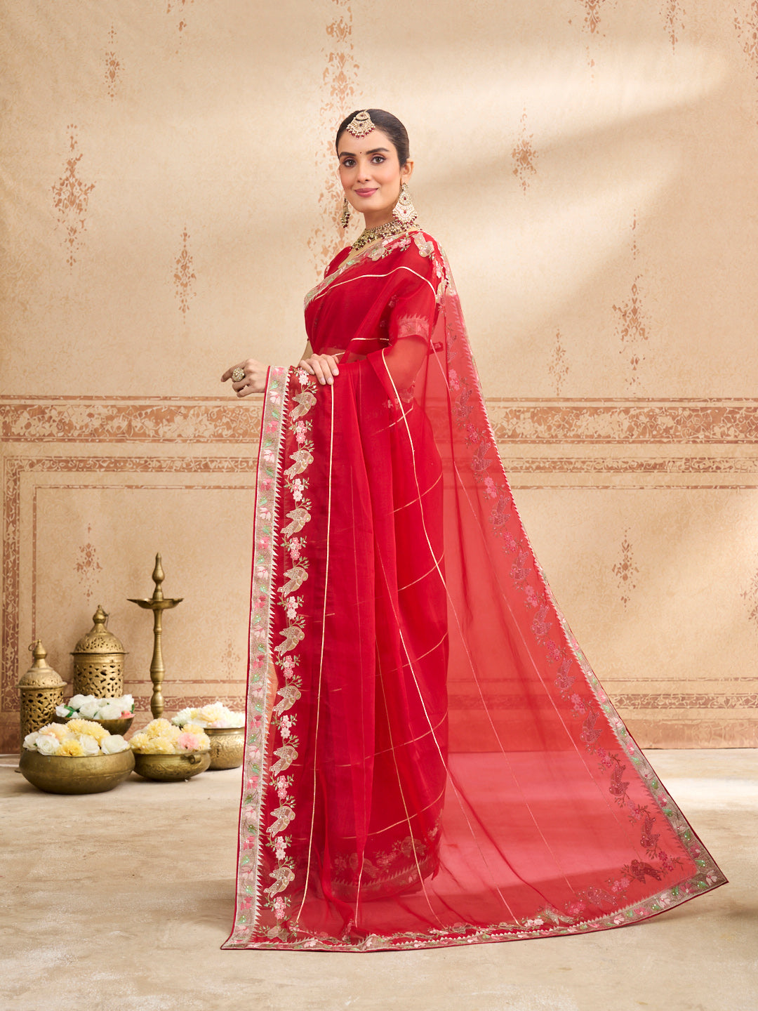 red embroidered tissue organza saree daily wear