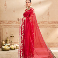 red embroidered tissue organza saree daily wear