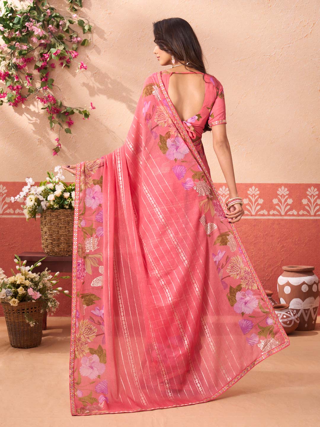 Pink floral printed chiffon saree party wear