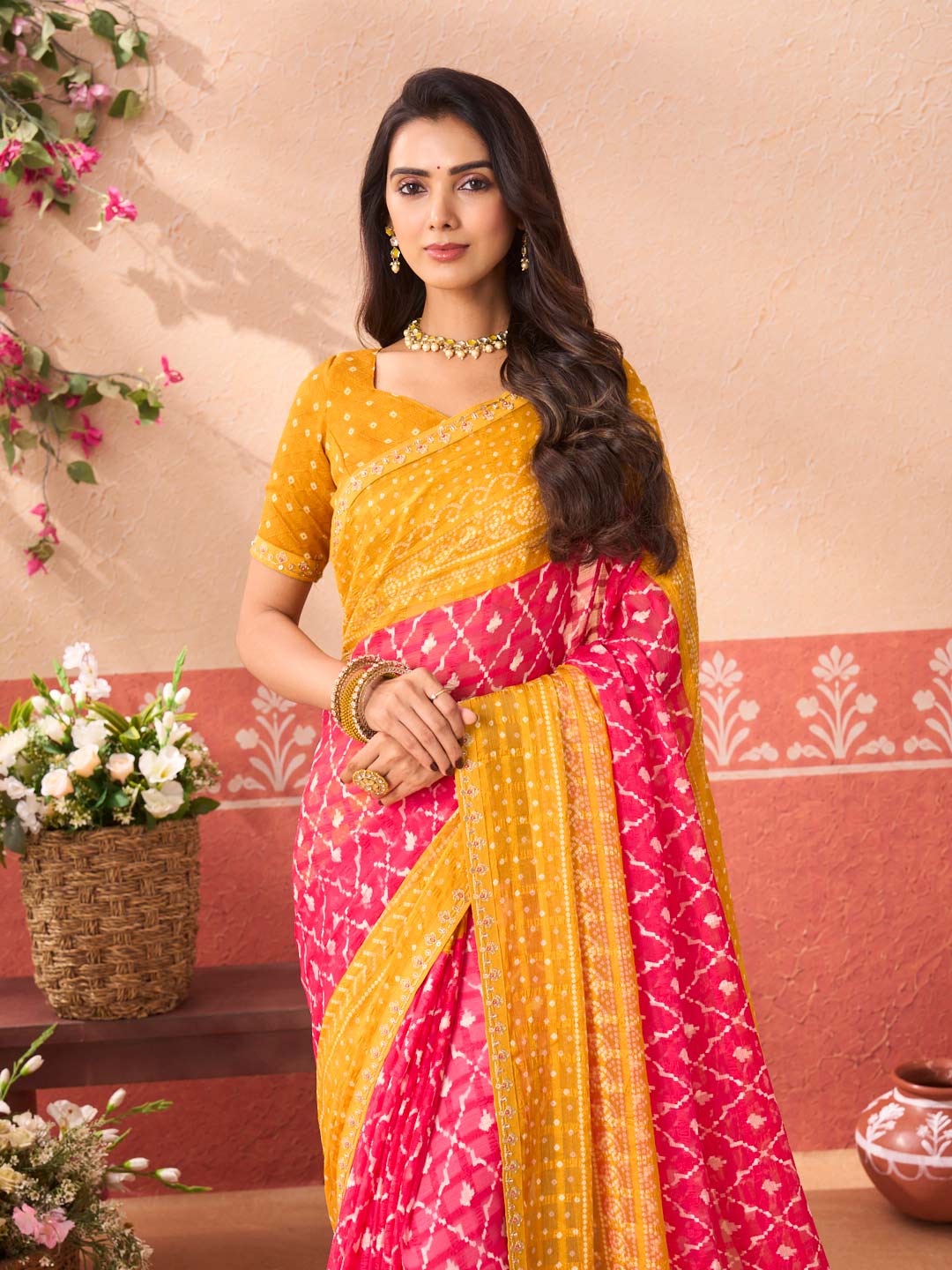 Pink geometric printed chiffon saree wedding wear