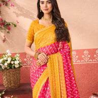 Pink geometric printed chiffon saree wedding wear