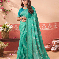Blue floral printed silk blend saree festive wear