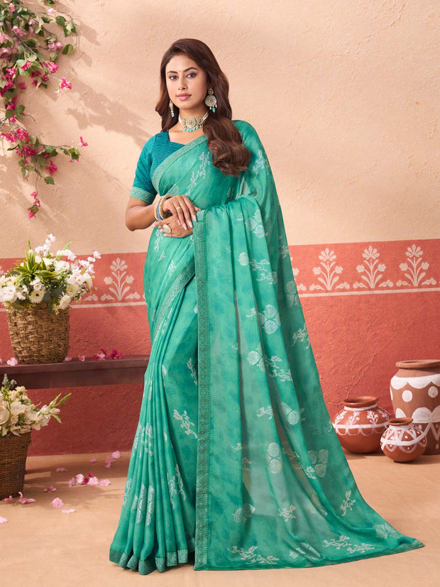 Blue floral printed silk blend saree festive wear