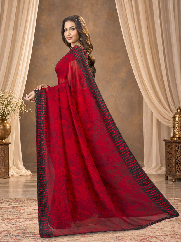 Red floral printed georgette saree daily wear