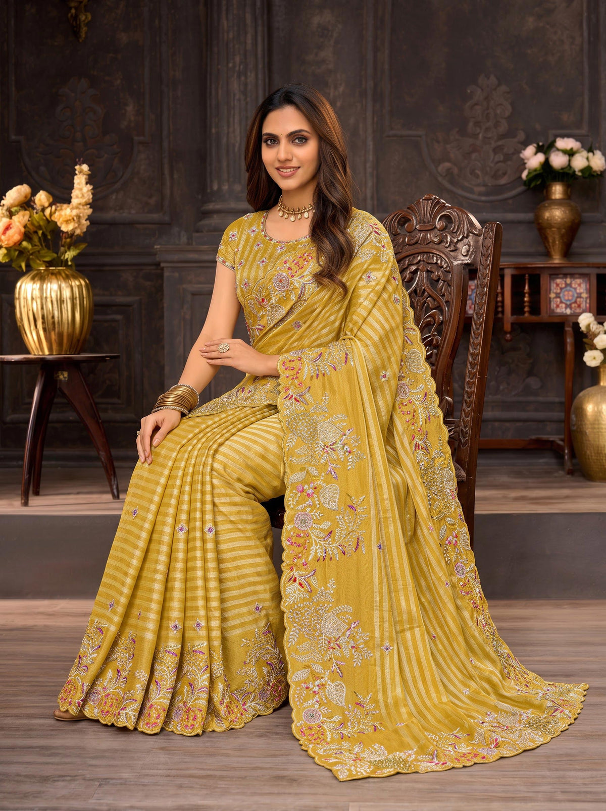 Yellow embroidered silk blend saree wedding wear