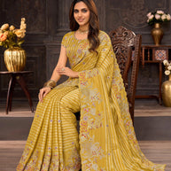 Yellow embroidered silk blend saree wedding wear