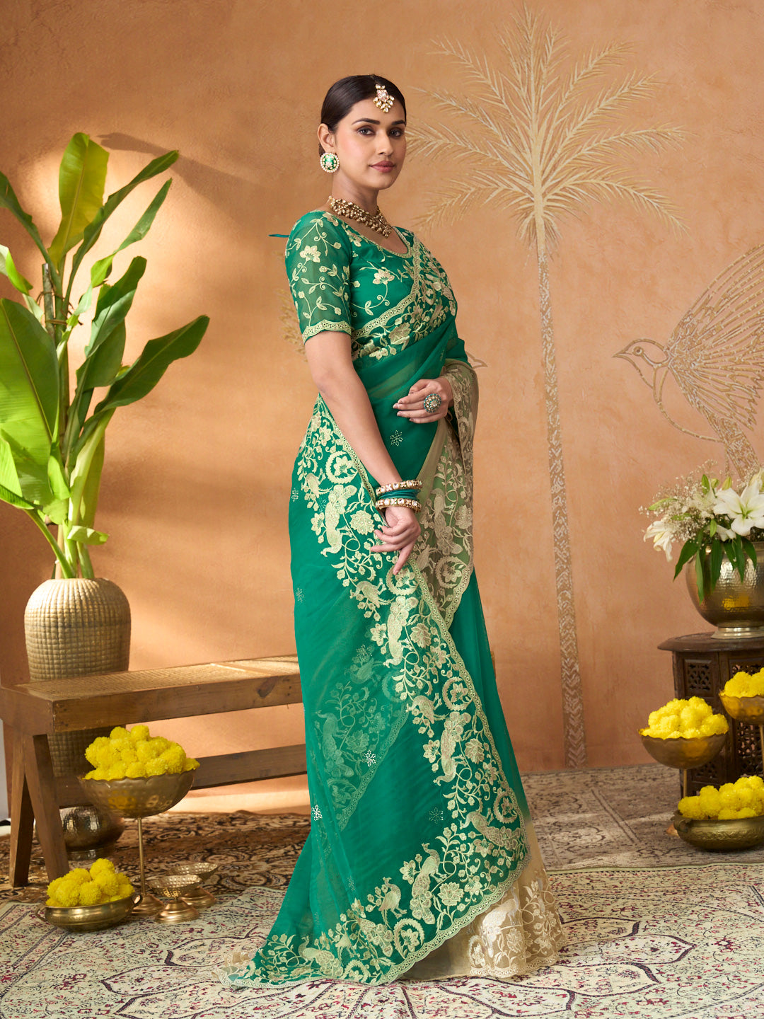 Teal Green floral embroidered tissue organza saree casual wear