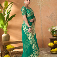 Teal Green floral embroidered tissue organza saree casual wear