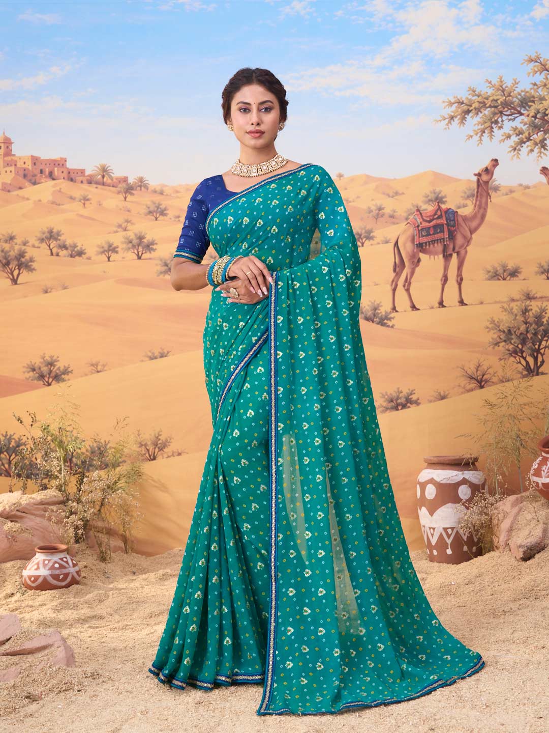 Teal Blue bandhani printed georgette saree festive wear