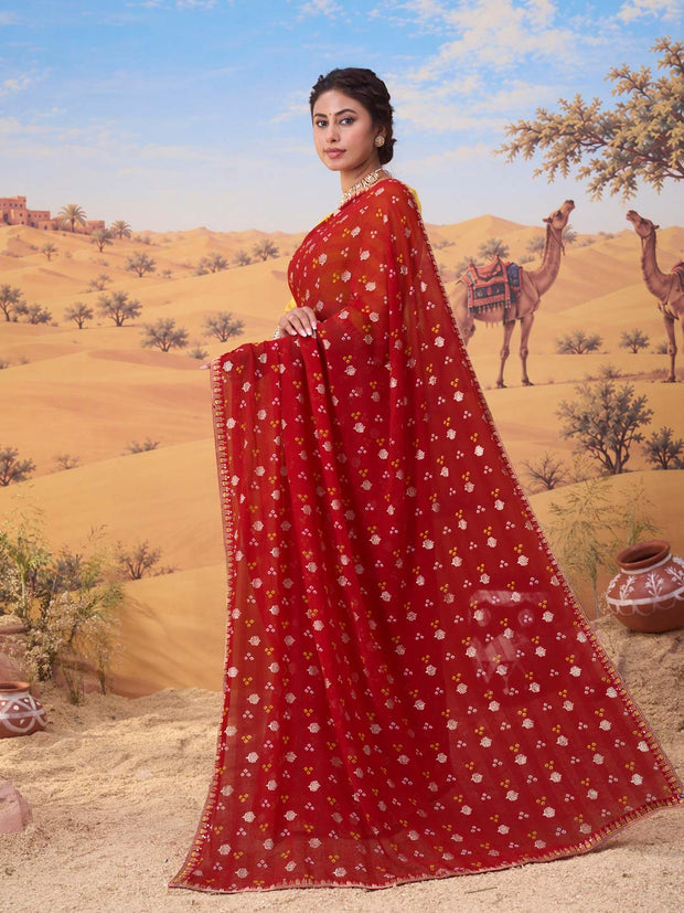 Red printed georgette saree daily wear