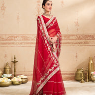 red embroidered tissue organza saree party wear