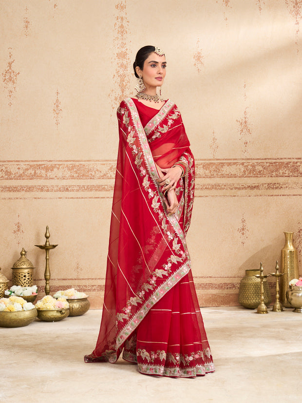 red embroidered tissue organza saree party wear
