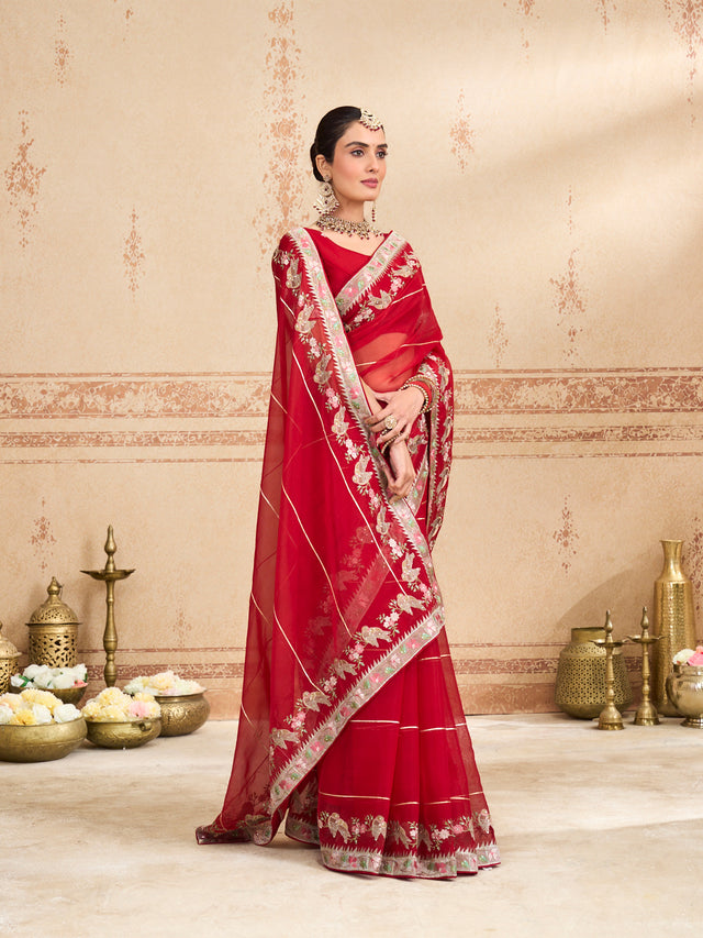 red embroidered tissue organza saree party wear