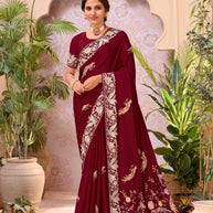 Maroon embroidered chiffon saree festive wear
