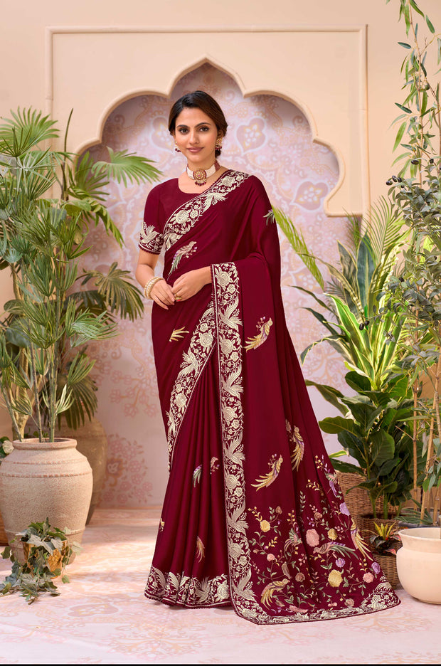 Maroon embroidered chiffon saree festive wear