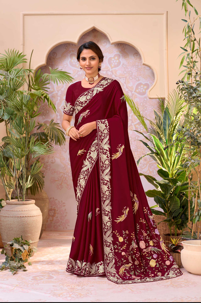 Maroon embroidered chiffon saree festive wear