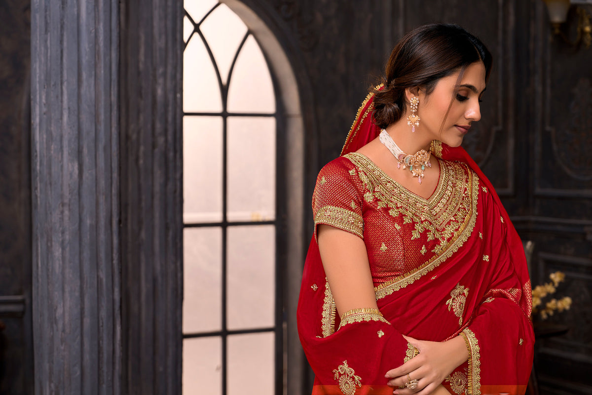 Red embroidered silk blend saree party wear