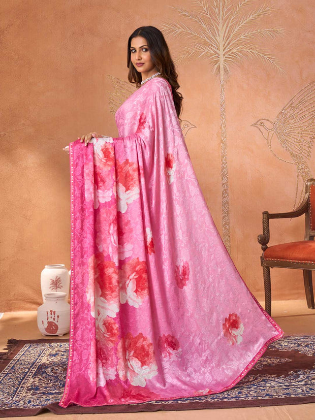 Pink embroidered silk blend saree daily wear