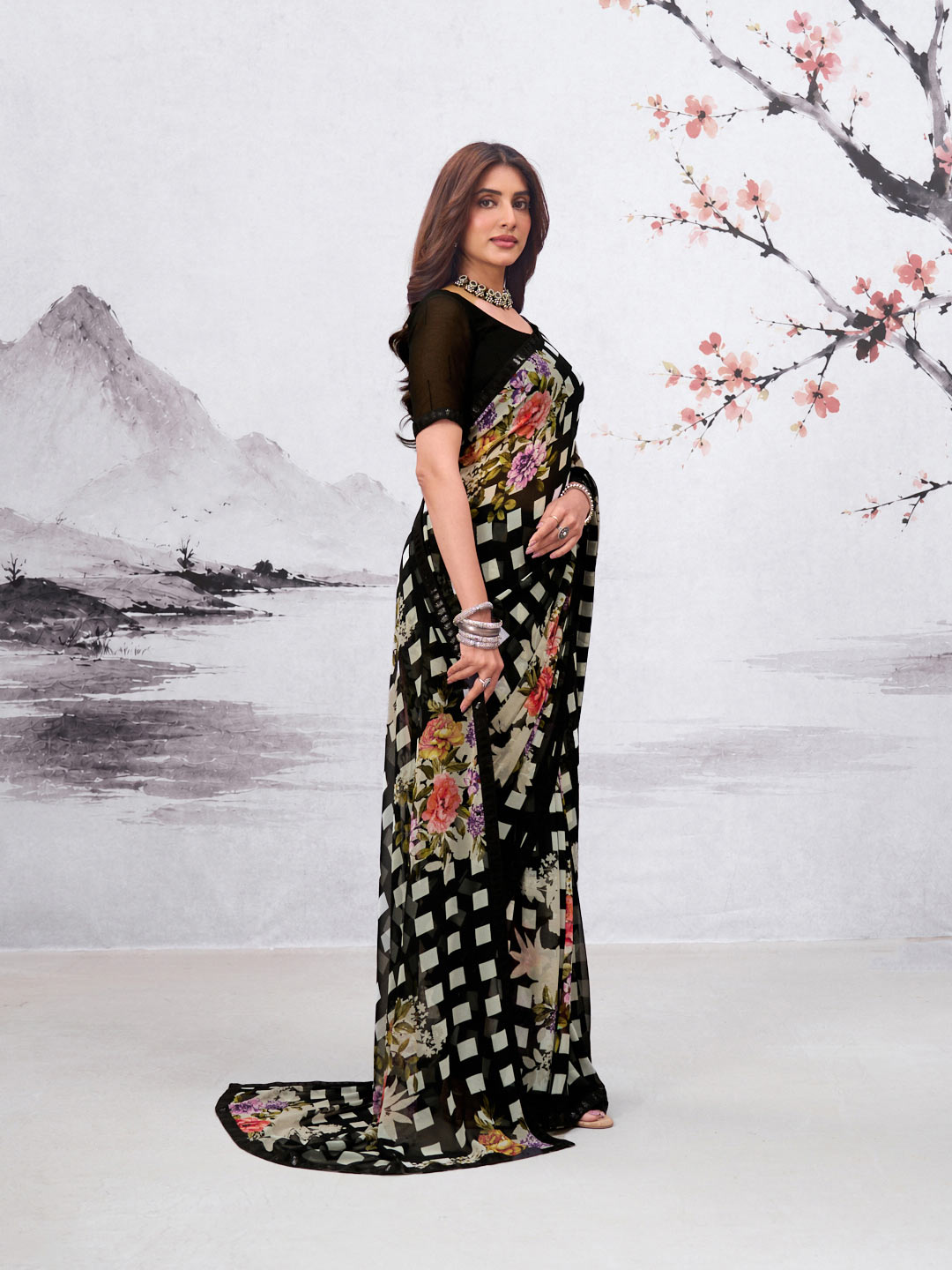 Black floral printed georgette saree casual wear