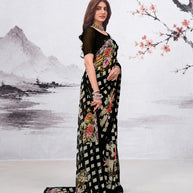 Black floral printed georgette saree casual wear