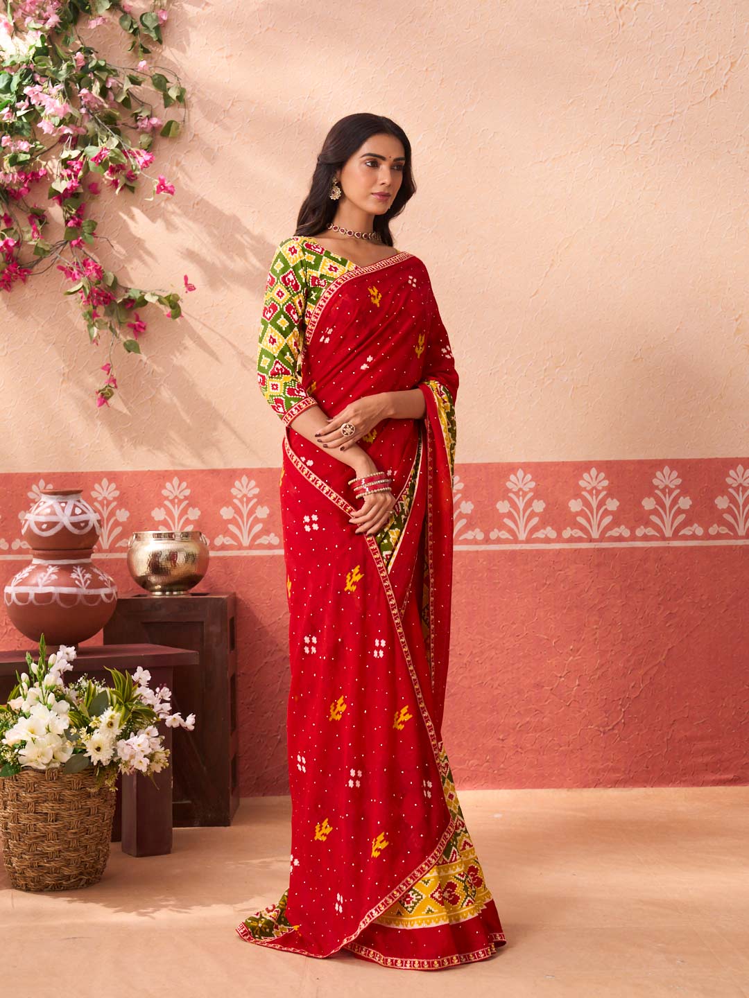Red floral printed silk blend saree casual wear