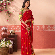 Red floral printed silk blend saree casual wear