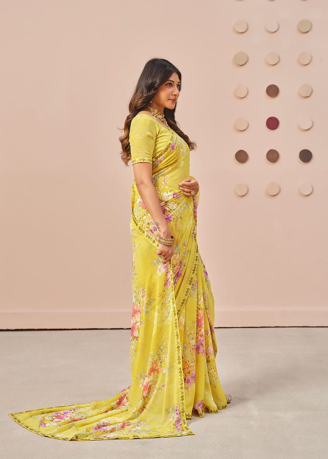 Yellow floral printed georgette saree festive wear