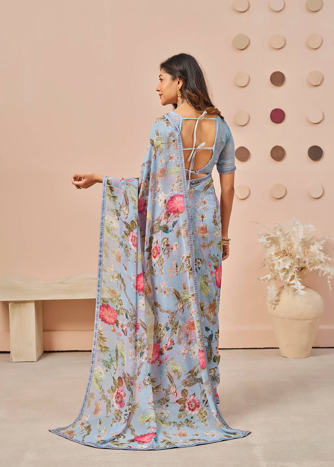 Blue floral printed georgette saree casual wear