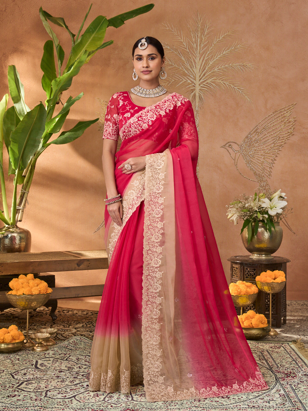 Pink embroidered tissue organza saree party wear