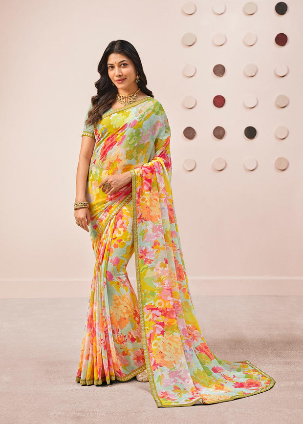 Multicolor printed georgette saree daily wear