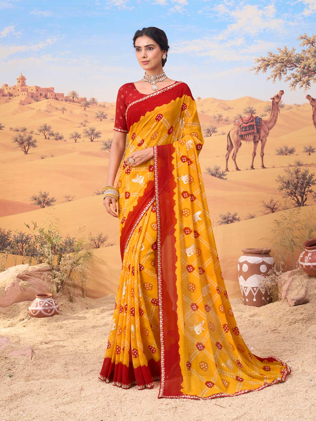 Orange bandhani printed georgette saree festive wear