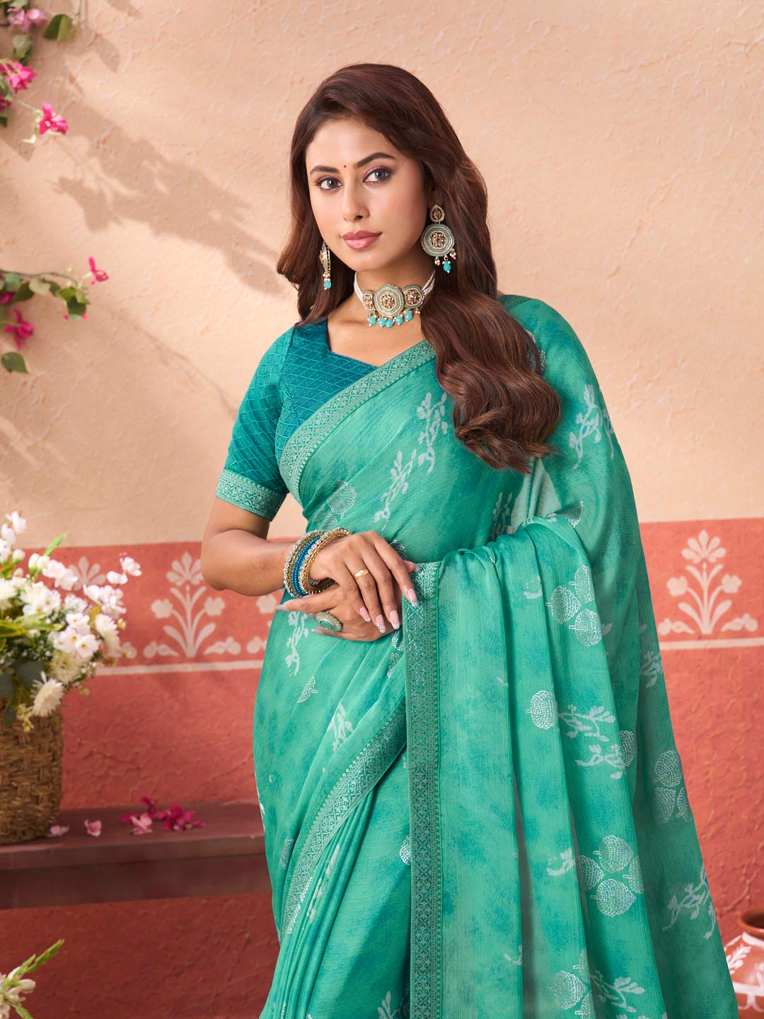 Blue floral printed silk blend saree wedding wear
