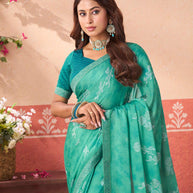 Blue floral printed silk blend saree wedding wear