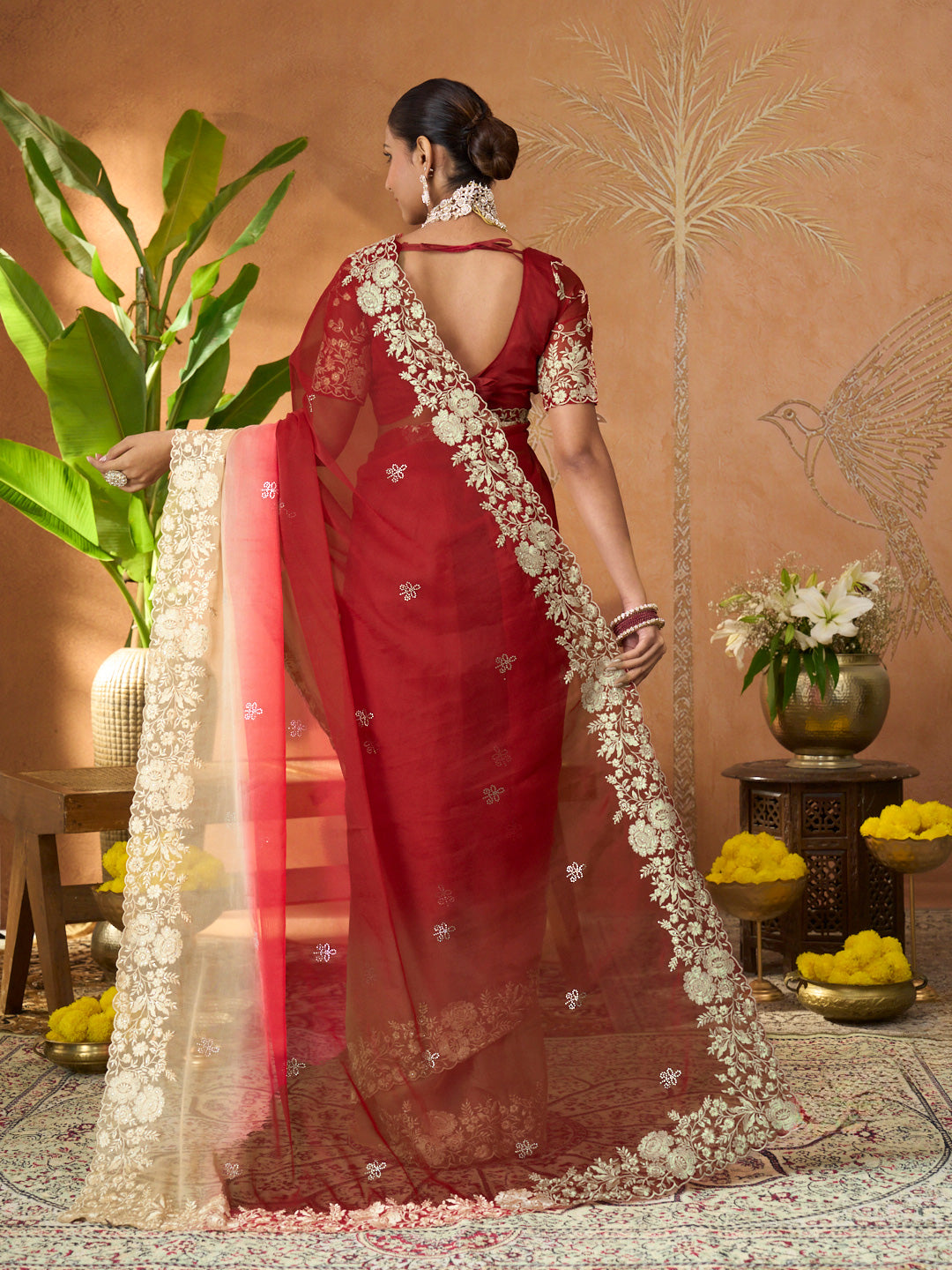 Red floral embroidered tissue organza saree party wear