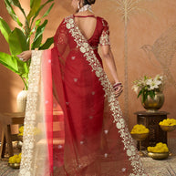 Red floral embroidered tissue organza saree party wear