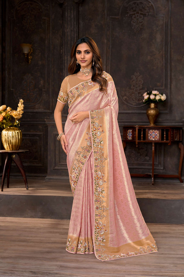Pink embroidered silk blend saree festive wear
