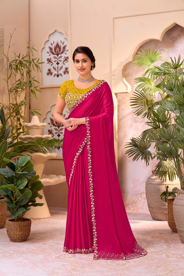 Pink embroidered chiffon saree festive wear