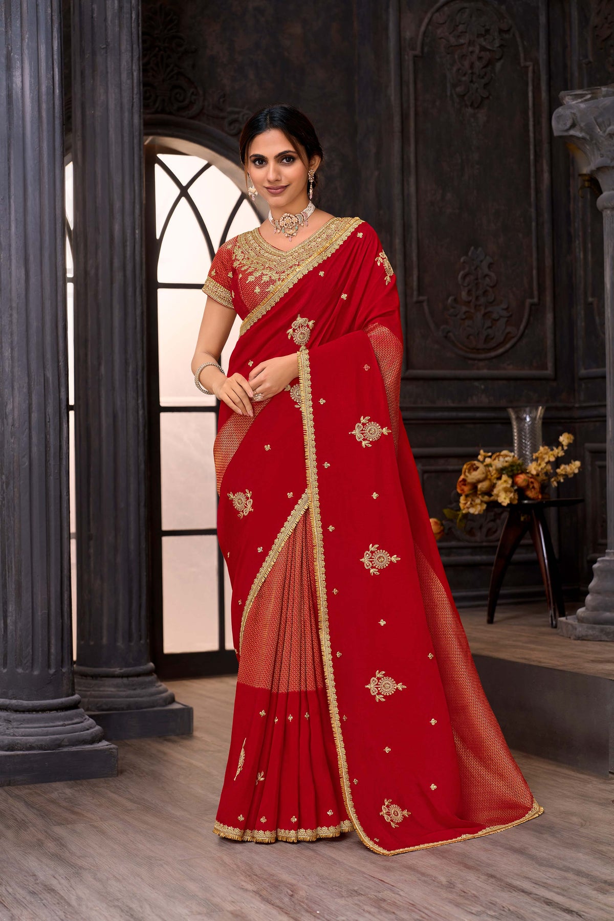 Red embroidered silk blend saree festive wear