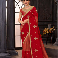Red embroidered silk blend saree festive wear